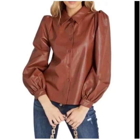 NWT VICI Pleather Vegan Leather Puffed Sleeve Button Down Shirt Caramel Brown M - Picture 1 of 11
